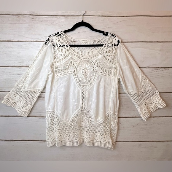 ✨ Taylor & Sage Cream Crochet Boho Blouse - Size M ✨ Bohemian Summer Classic - Picture 1 of 6